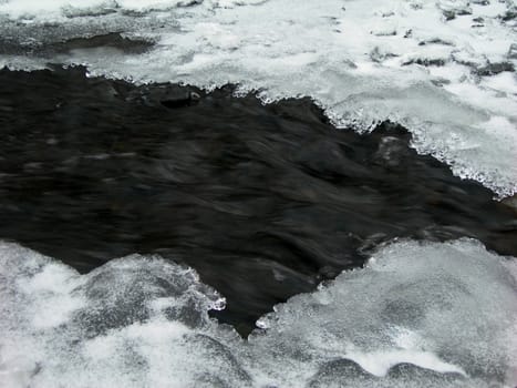 Flowing water in a brook is covered by clear ice