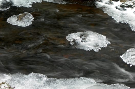 Flowing water in a brook is covered by clear ice