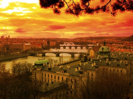           Beautiful sunset over river Vltava in Czech capital city Prague