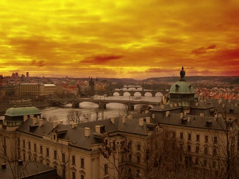       Beautiful sunset over river Vltava in Czech capital city Prague    