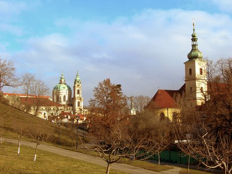 Petrin Park in Prague with a view at the Church of Saint Nicholas