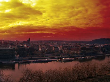                 Beautiful sunset over river Vltava in Czech capital city Prague    