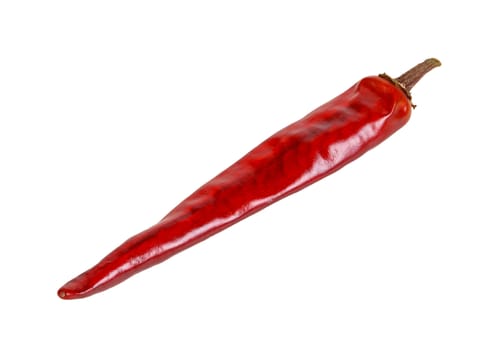 A single dried red hot chili pepper isolated against a white background