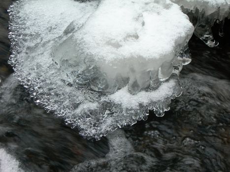 Flowing water in a brook is covered by clear ice