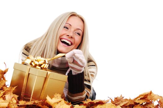  woman take autumn gift isolated in studio