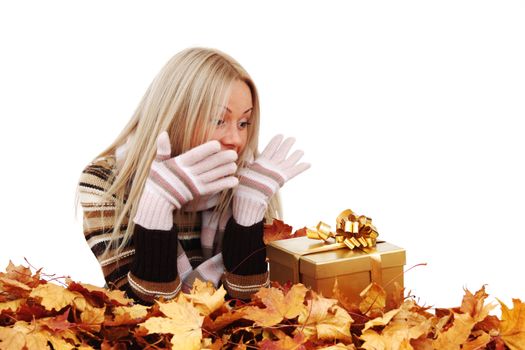  woman take autumn gift isolated in studio