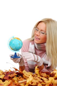 woman take globe isolated in studio