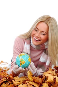 woman take globe isolated in studio