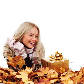  woman take autumn gift isolated in studio