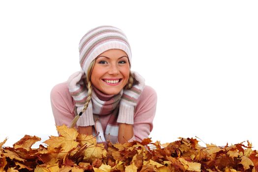  studio portrait of autumn woman in  yellow leaves