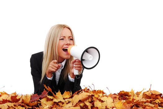 autumn businesswoman with megaphone studio isolated in studio