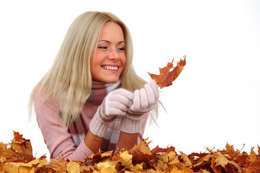  studio portrait of autumn woman in  yellow leaves