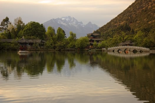 dali lake with snowy mountain in china 