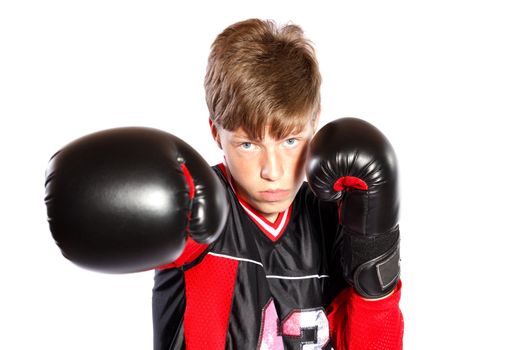 young kickboxer on white background, focus on face