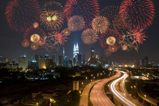 kuala lumpur night view with fireworks