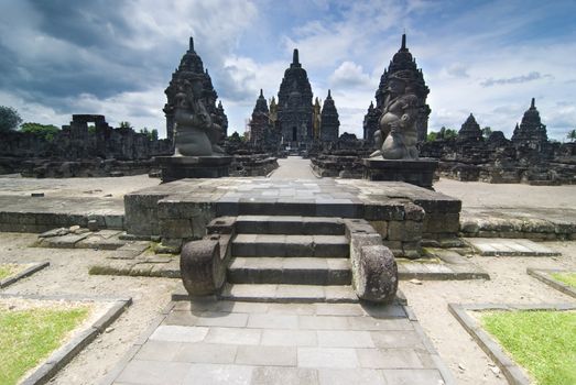 Hindu temple Prambanan. Indonesia, Java, Yogyakarta with dramatic sky