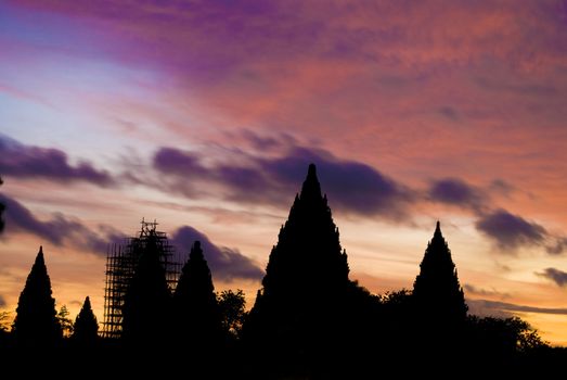  Hindu temple Prambanan. Indonesia, Java, Yogyakarta with dramatic sky