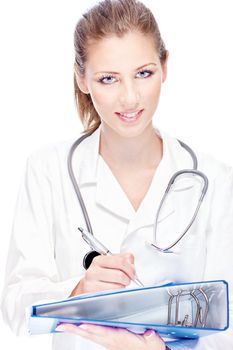 Portrait of a young female doctor with papers and stethoscope
