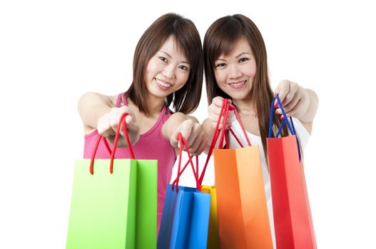 2 happy asian girl shopping with isolated white background