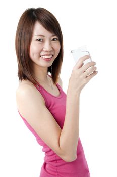 an asian girl drinking plain water with white background 