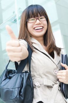 asian business women smiling with hand thumbs p 