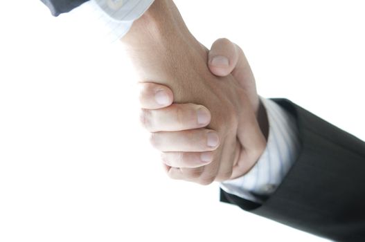 close up zoom shot of asian business handshake isolated in white