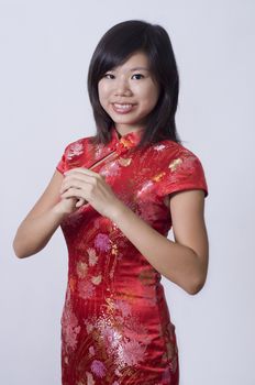 chinese new year girl giving greeting