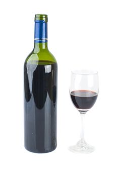 isolated red wine glass and with red wine bottle