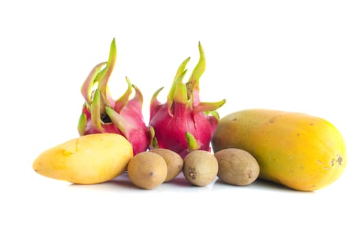 assorted tropical fruits with isolated white background