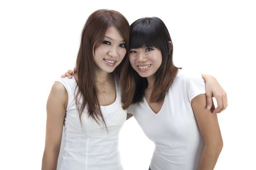 two asian friends with isolated white background 
