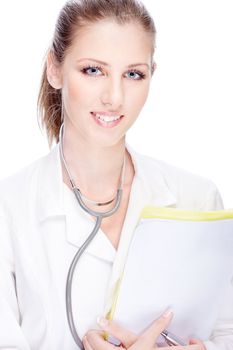 Portrait of a young female doctor with papers and stethoscope