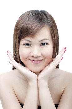 close up of smiling asian ethnicity with isolated white background