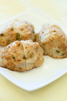 chinese fish cake dim sum food with light background
