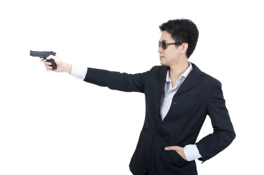 asian business man holding a gun