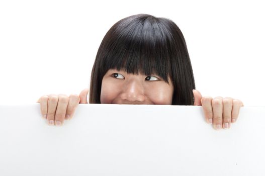 Concept photo of Asian woman holding a white card, covering her mouth