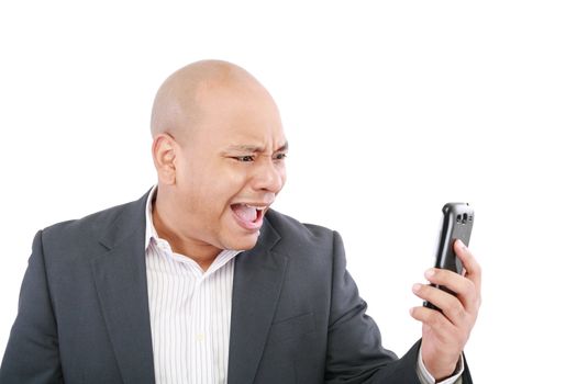 Angry business man screaming on cell mobile phone, portrait of young handsome businessman isolated over white background, concept of executive yelling, conversation problem communication crisis