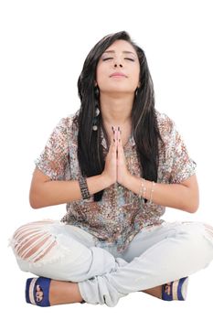 caucasian woman relaxing yoga isolated studio on white background