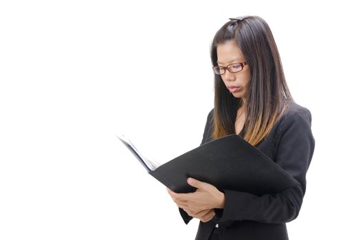 asian female holding a file with white background