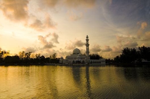 floating mosque in malaysia during sunset