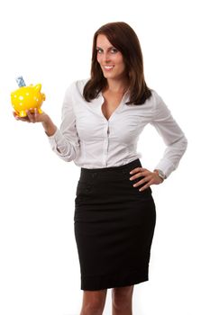 business woman with a piggybank