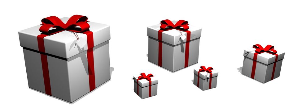 Several big and small gift boxes with red ribbon and white label