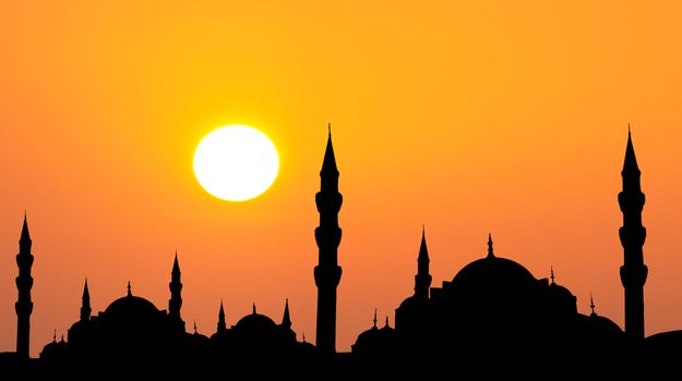 Hagia Sophia and The Blue Mosque  silhouette during sunset in Istanbul Turkey rahmadan concept photo
