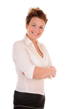 Attractive business woman in white blouse isolated on white background