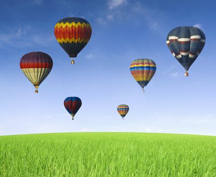 hot air balloons with blue sky on green grass meados