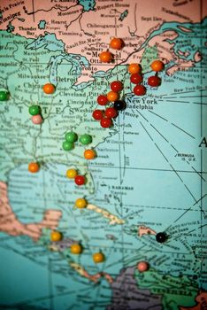 Travel Map with Push Pins with Focus Centered on New York and the Eastern Sea Board of the United States