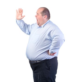 Fat Man in a Blue Shirt, Shouting, isolated