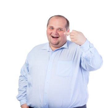 Fat Man in a Blue Shirt, Showing Obscene Gestures, isolated
