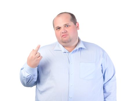 Fat Man in a Blue Shirt, Showing Obscene Gestures, isolated