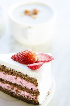 strawberry cake and soup on the background