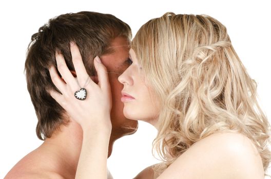 Kissing man and woman - lovers closeup portraits